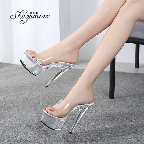 Women Slippers Sexy Super High Heels Luxury Platform Sandals Heel Clear PVC Transparent Heels Flowers Shoes Lady Stripper Slides