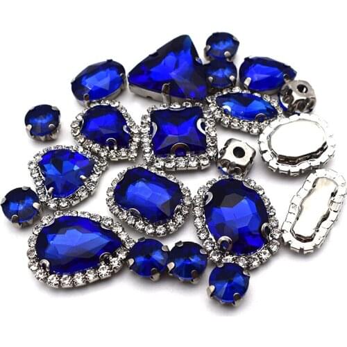 Claw Glass Rhinestones Mixed Crystal Buckle Sapphire Color with Silver Metal Base,DIY Garment Bag Nails Sew Gems Accessory 20Pcs