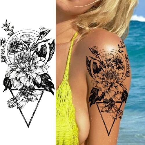 Geometric Flower Temporary Tattoos Sticker 3D Waterproof Black Rose Tatoos For Women Fake Body Art Arm Tattoos Decal For Holiday