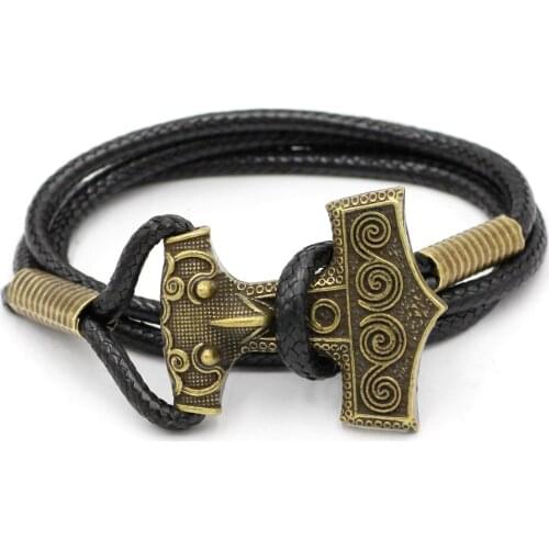 Youeshone 10pcs Leather Adjustable Viking Norse Odin Thors Mjolnir Hammer Mens Bracelet - 23cm- 23cm