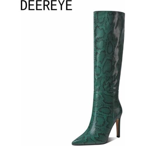 Female Classic Snake Print Winter Velvet High Long Boots For Women Slip On Pointed 10CM Block Heel Shoes Ladies Daily Party