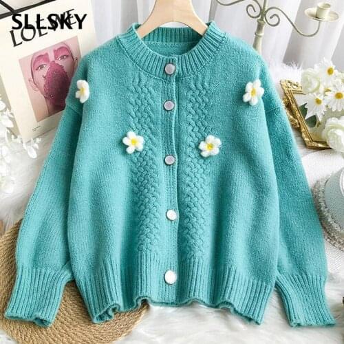 SLLSKY Fashion Floral Knitted Cardigan Women Sweater Autumn Japan Style New Single Breasted Sweater O-Neck Ladies Loose Sweater