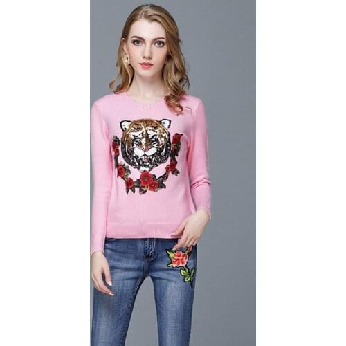 2019 Real Rushed Pullover Embroidery Tiger Head Paillette Flower Sweater Round Neck Knitting Unlined Upper Garment Woman Tide