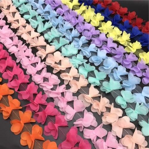 1yard/25pcs 60mm Flowers 3D Chiffon Cluster Flowers Lace Dress Decoration Lace Fabric Applique Trimming DIY Sewing Supplies