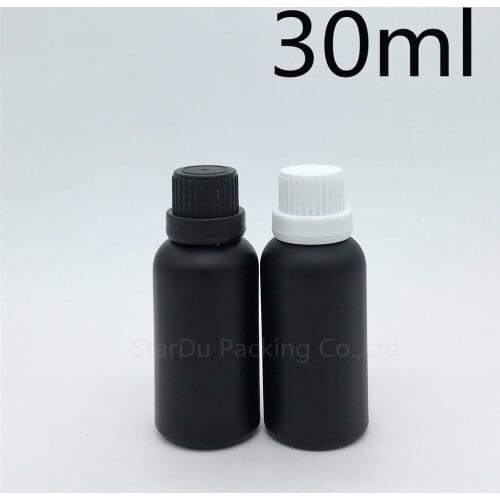Free Shipping 200pcs 30ML Black Frosted Glass Bottle 30cc Vials Essential Oil Bottle white tamper evident cap Perfume bottle