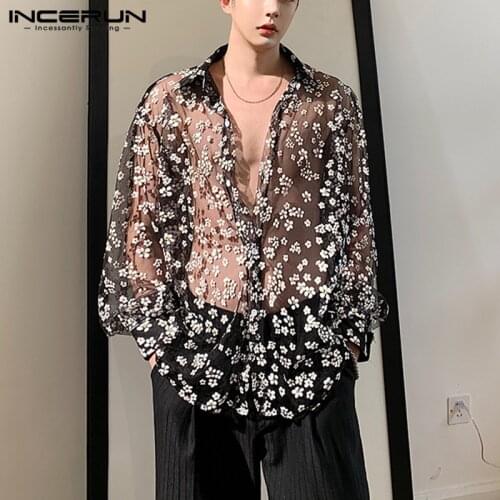 2021 Fashion Men Long Sleeve Mesh Shirts Turn Down Collar Casual Printing Shirt Man See Through Loose Blouse Party Blusas S-5XL