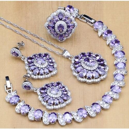 925 Silver Bridal Jewelry Purple CZ White Zircon Jewelry Sets For Women Wedding Earrings/Pendant/Ring/Bracelet/Necklace