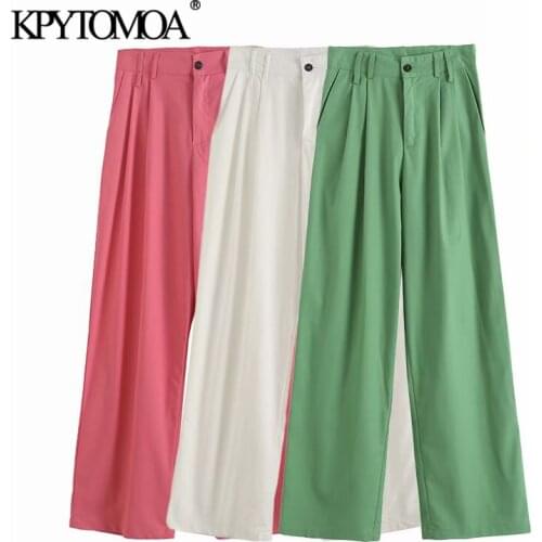KPYTOMOA Women 2021 Fashion Side Pockets Linen Wide Leg Pants Vintage High Waist Zipper Fly Female Trousers Mujer
