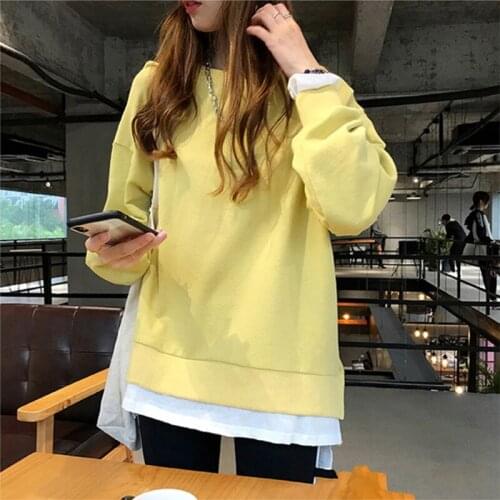 Women Long Sleeves Round Neck Fake Two Pieces Sweatshirt Stitching Pullover 649C