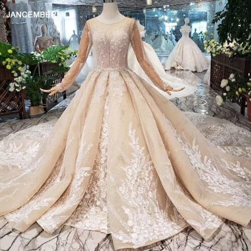 HTL296 Luxury Muslim Wedding Dresses 2020 With Wedding Veil Champagne Bridal Gowns Appliques Crystal