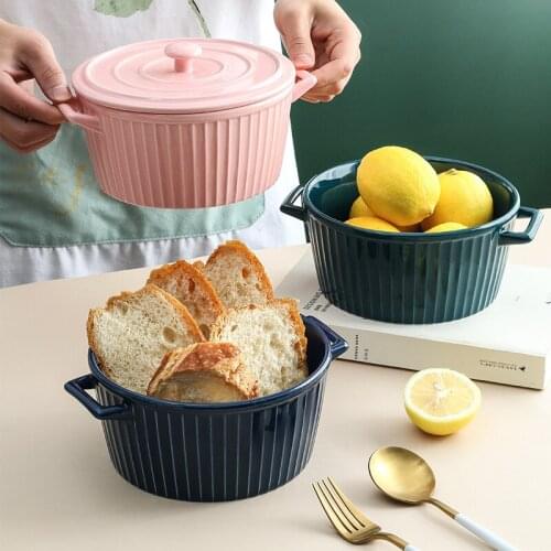 Double Ear Ceramic Bowl With Lid Salad Instant Noodle Mixing Bowls Color Glazed Microwave Oven Stockpot Home Kitchen Tableware