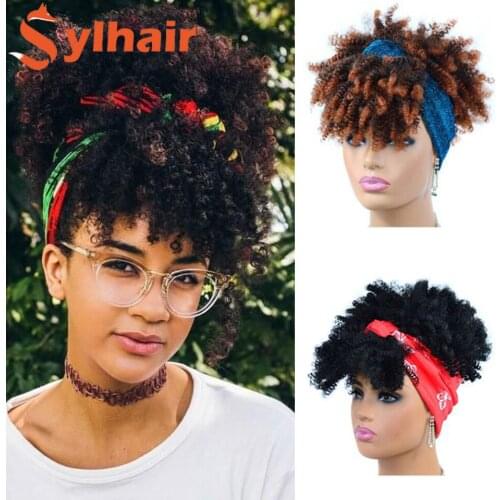 Sylhair Short Fluffy Afro Kinky Curly Headband Wigs Synthetic Wrap Wig with Puff Bangs 10'' Heat Resistant Turban Deep Curly Hai