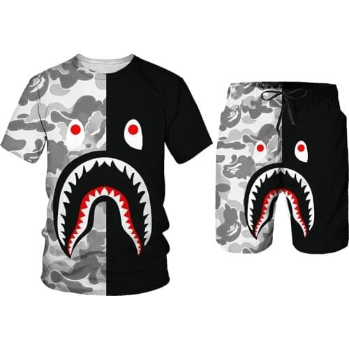 Big Mouth Summer 3d Printing Mens T-shirt Shorts Suit Harajuku Mens Sportswear Sports Suit O-neck Short-sleeved Mens Suit