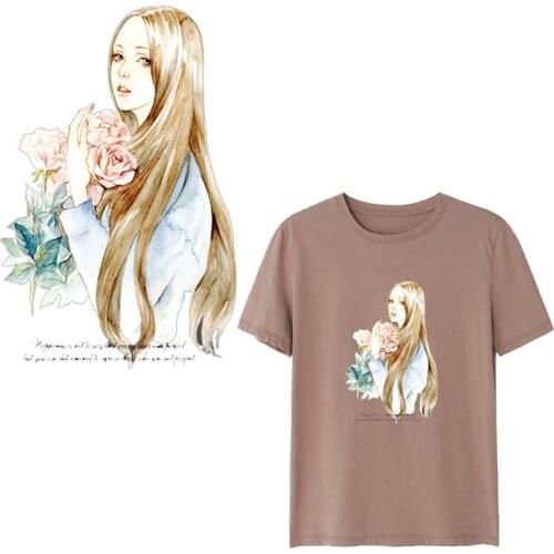 Lovely Flower Girl Patches Washable Iron-on Transfers For T-Shirt Girl Gift DIY Clothes Stickers Heat Transfer Appliques