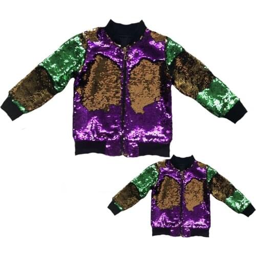 Wholesale bulk order Mommy&Me Mardi Gras sequin bomber jacket reversible colour change sequins coats 1pcs