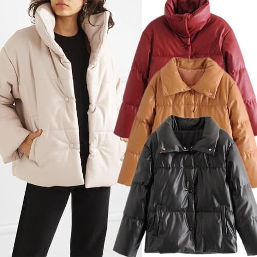 Womens Jackets Za PU Vintage Winter Thicken Oversized Jackets Long Sleeve Glossy Pillow Collar Coats Female Loose Parkas Mujer