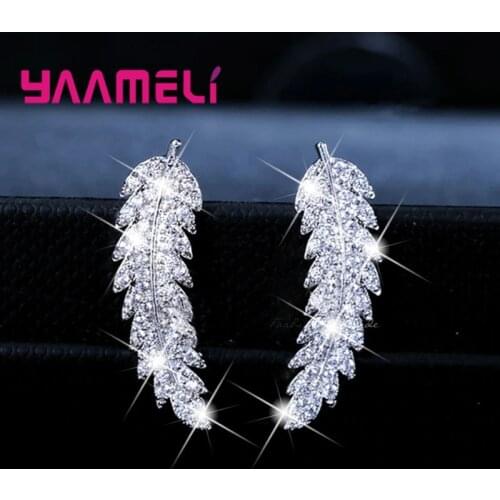 Hot Sale Korean Elegance Leaf Women Stud Earring 925 Sterling Silver Clear Rhinestone CZ Crystal Handemade Ear Brincos Pendiente