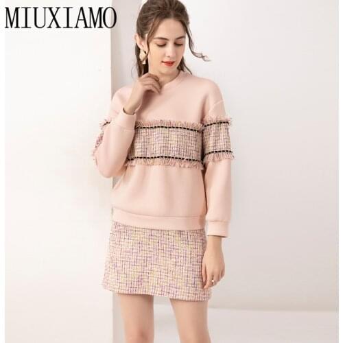 MIUXIMAO Fashion 2021 Spring New Women Suits Fringed Patchwork Sweater Tops + Tweed Half Skirt Office Casual Two Piece Set