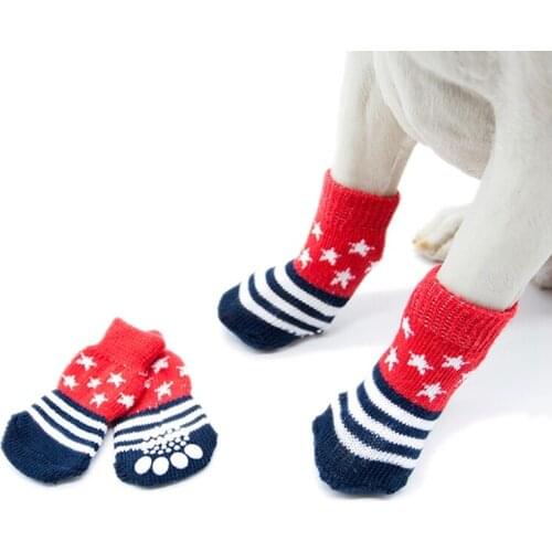 Small Dog Cat Socks Knitted Stripes Stars Printed Anti-Slip Pet Dog Socks Chihuahua Winter Thick Warm Paw Protector Dog Socks