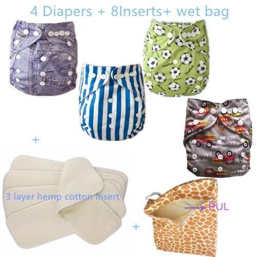 New Partner Baby Washable Reusable Cloth Diapers Nappies With Hemp cotton Insert And Gift Wet Bag For boy Free Shipping