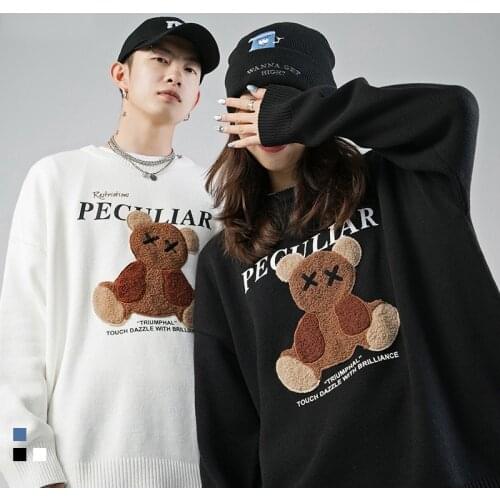 Couple Cartoon Bear Print Sweater Japanese Fashion O-Neck Loose Casual Lazy Autumn Winter Knitted Pullover Harajuku Streetwear