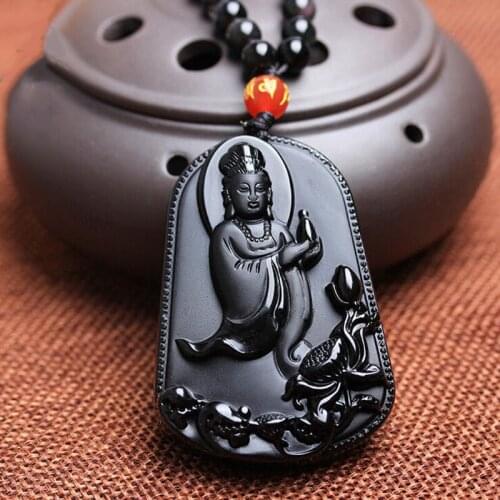 Natural Obsidian Lotus Avalokitesvara Pendant Jewelry Fine Jewelry Crystal Vase Mens and Womens Necklace Pendant Jewelry