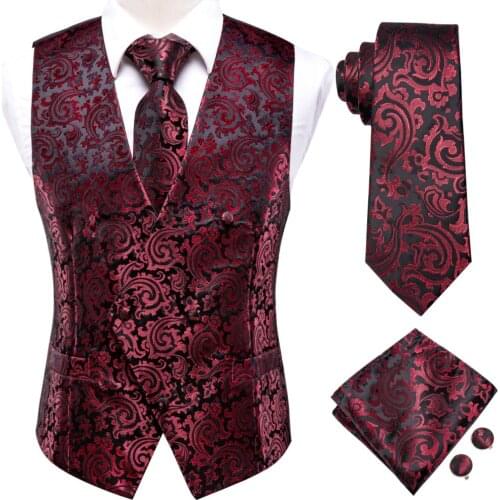 Hi-Tie Burgundy Black Floral Silk Mens Slim Waistcoat Necktie Set For Suit Dress Wedding 4PCS Vest Necktie Hanky Cufflink Set