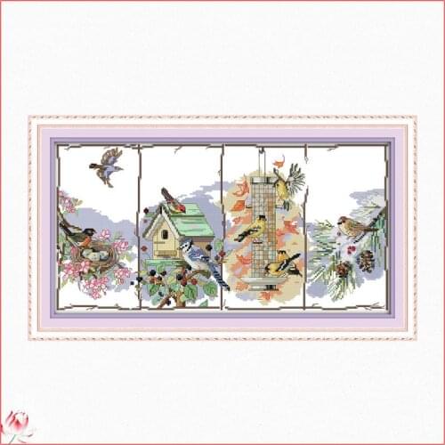 The Birds Of The Four Seasons Counted Cross Stitch Pattern Kits 14CT 11CT Printed Fabric Embroidery Sets DIY Needlework Craft