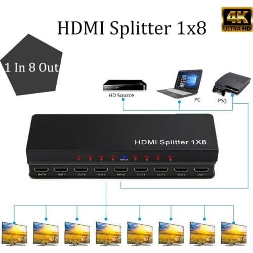 HDMI Splitter 1 in 8 Out Supports Full Ultra HD 4K/2K@ 30Hz 1080p 3D Resolutions for HDTV, DVD player audio Splitter converter