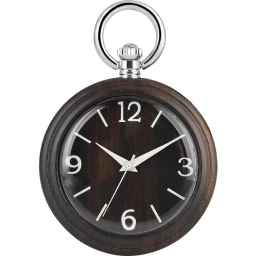 Retro Ebony Wooden Pocket Watch Arabic Numerals Dial Pocket Watches Alloy Pendant Chain Watch for Men Women