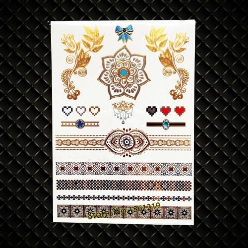 Sexy Gold Henna Metallic Waterproof Tattoo Women Body ARt ARm Sleeve Bracelet Chains Designs Tattoo Stickers Jewelry Sunflower