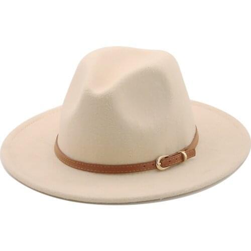 56-60Cm White/Blackwide Rand Fedora Hat Women Imitation Wool Vilten Hats Metal Chain Decor Panama Jazz Chapeau Hat