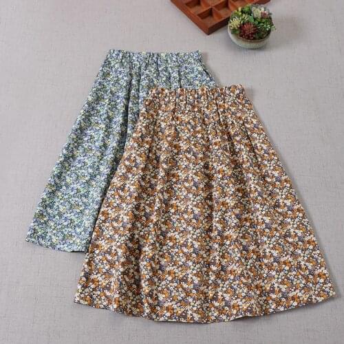 Japan Style Mori Girl Literary Floral Print Skirt Loose Cotton A-line Mid-length Skirt Women