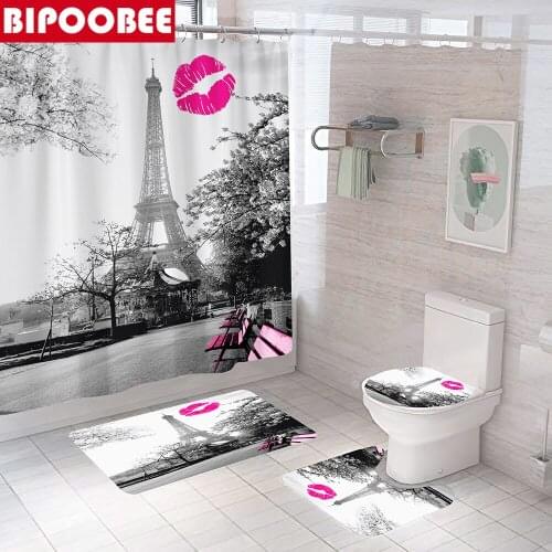 Lip Print Eiffel Tower Bathroom Curtains 3d Modern Shower Curtain Pedestal Rug Toilet Cover Lid Non-slip Bath Mat Set Home Decor