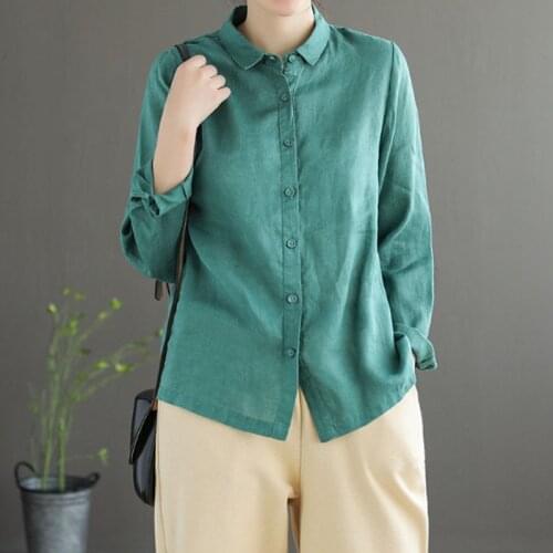 Johnature Spring New Turn-down Collar Single Breasted Long Sleeve Casual Shirt 2021 Cotton Linen Comfortable 5 Color Women Tops