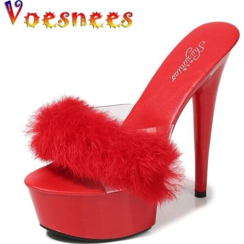 Voesnees Slippers with fur 2021 Summer High Heels 15 cm Sexy Platform Shos Thin Heels Solid Color Female heel Slippers stripper