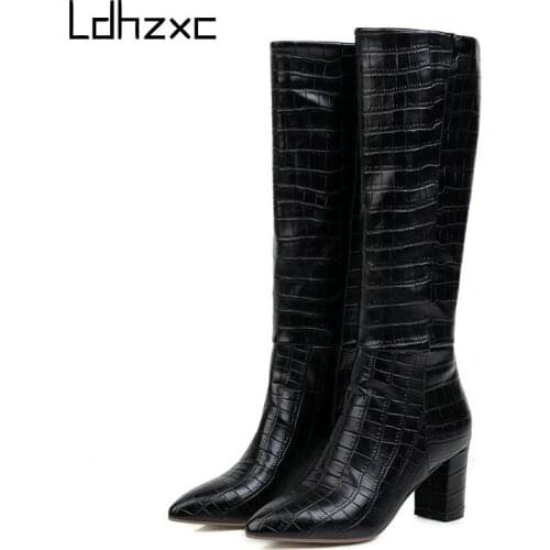 LDHZXC 2020 Winter New Arrive Fashion Knee High Boots Thick High Heels Pointed Toe Western Boots for Woman Big Size 34-43