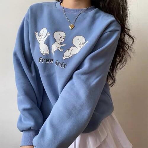 Free Cartoon Print Female Cute Pullover Thick hoodie Warm Long Sleeve Tops Plus Size Loose Haze Blue sweatshirt women