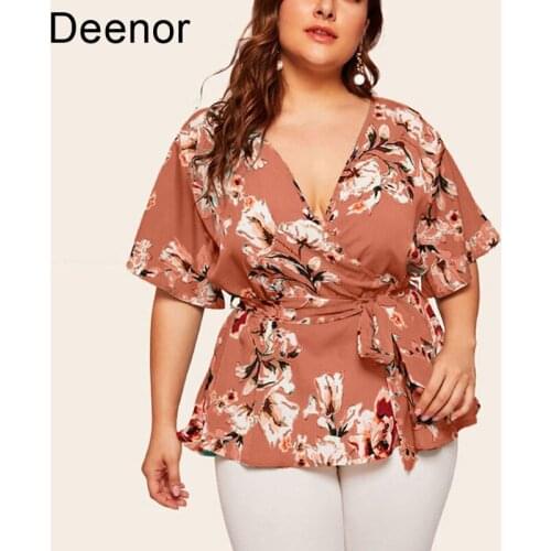 Deenor L-5xl Womens V-neck Short Sleeve Print Waist Tie Loose Chiffon Top Plus Size Ol Commuter Tie-up Pullover Top