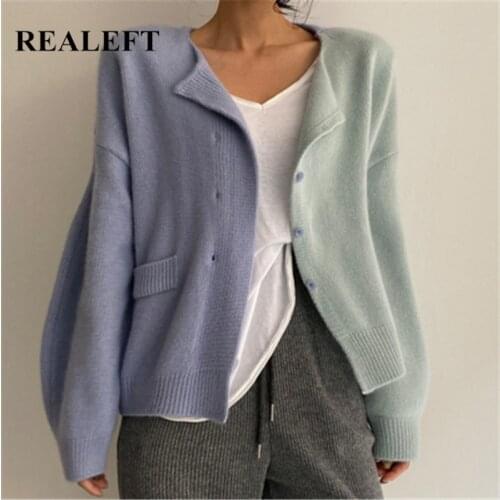 REALEFT Autumn Winter Knitting Cardigan Elegant Contrast Color Round Neck Long Sleeve Loose Casual Womens Sweater Coat 2021 New