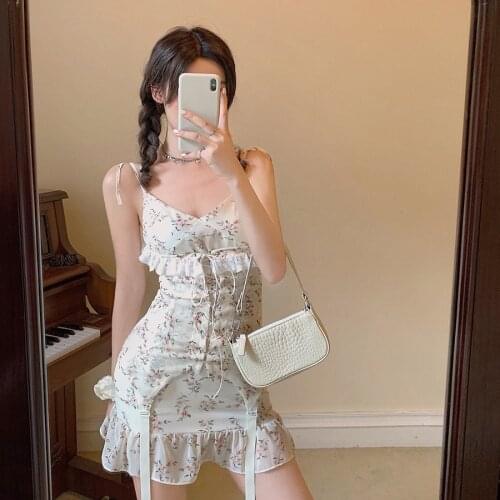 Sexy Spaghetti Strap Dress Party Evening Elegant Print Club Off Shoulder Summer V-neck Ins Ruffles Bodycon Dresses Backless New