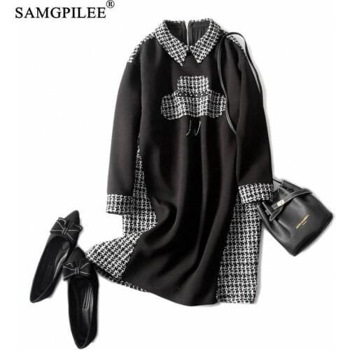 Winter Elegant Dresses For Women 2021 Office Lady A-line Plaid Full Sleeve Plus Size Empire Turn-down Collar Dress For Woman 4XL