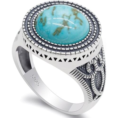 Pure 925 Sterling Silver Mens Ring with Round Natural Turquoise Stone Turkish Handmade Vintage Punk Rings Fashion Jewelry Gift
