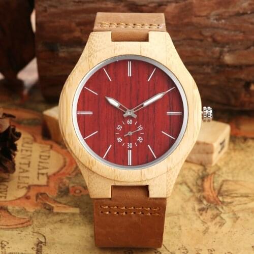 Wooden Watch Mens Unique Red Seconds Hand Face Dial Clock Wood Quartz Watch Unisex Genuine Leather Wristwatche