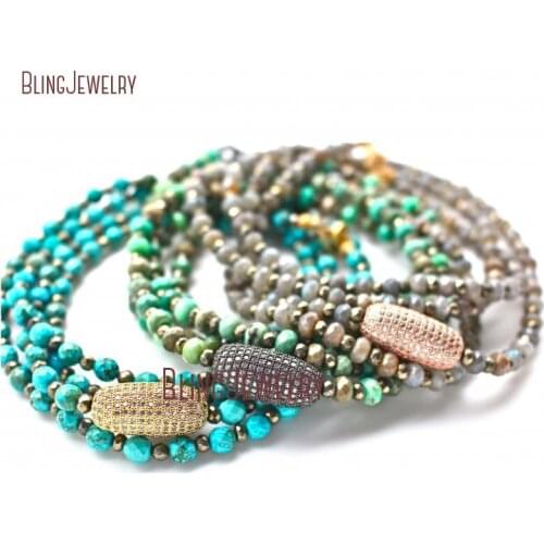 Long Strand Bead Necklace Turquoises Labradorites Green Moss Agates Pyrite Layered Necklace Micro Pave CZ Bean Necklace NM17843