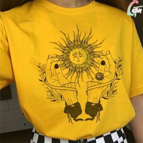Geometric Objects Sun And Moon Graphics Woman Print T-shirts Summer yellow Personality Fashion Harajuku Casual Loose Tshirts Top
