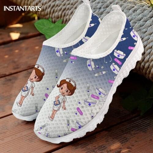 INSTANTARTS Dark Blue Gradient Women Nursing Flats Shoes Slip on Mesh Shoes for Female Cartoon Nurse Pattern Walk Sneaker Light