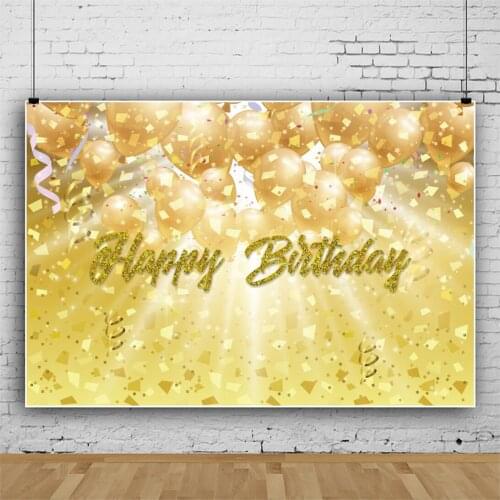Laeacco Happy Birthday Backdrops Gold Balloons Glitters Shiny Light Ribbon Personalized Poster Photographic Photo Backgrounds