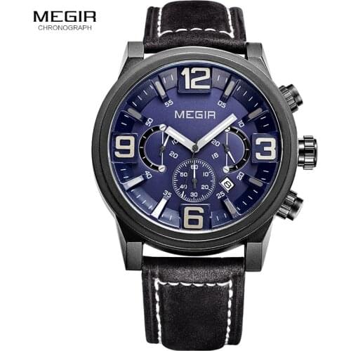 MEGIR new fashion casual quartz watch men large dial waterproof chronograph releather wrist watch relojes free shipping 3010