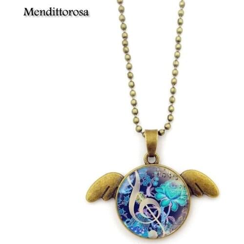 Mendittorosa New Arrival Glass Cabochon Bronze Angel Wings Pendant Necklace Lovers Best Friendship Jewelry Music Note